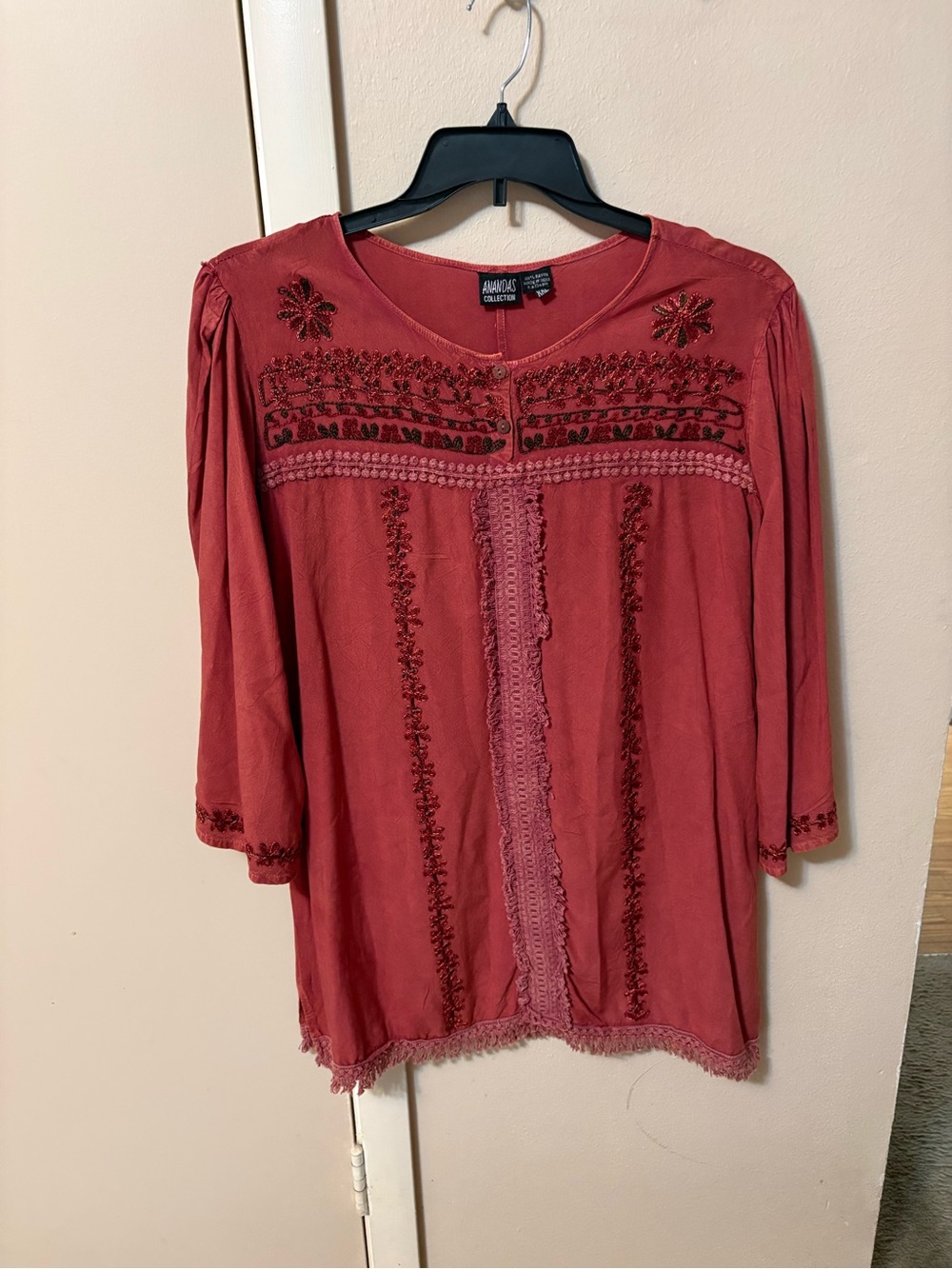 Anandas Collection Rust Embroidered Tunic Top Floral Sz XXL 2X